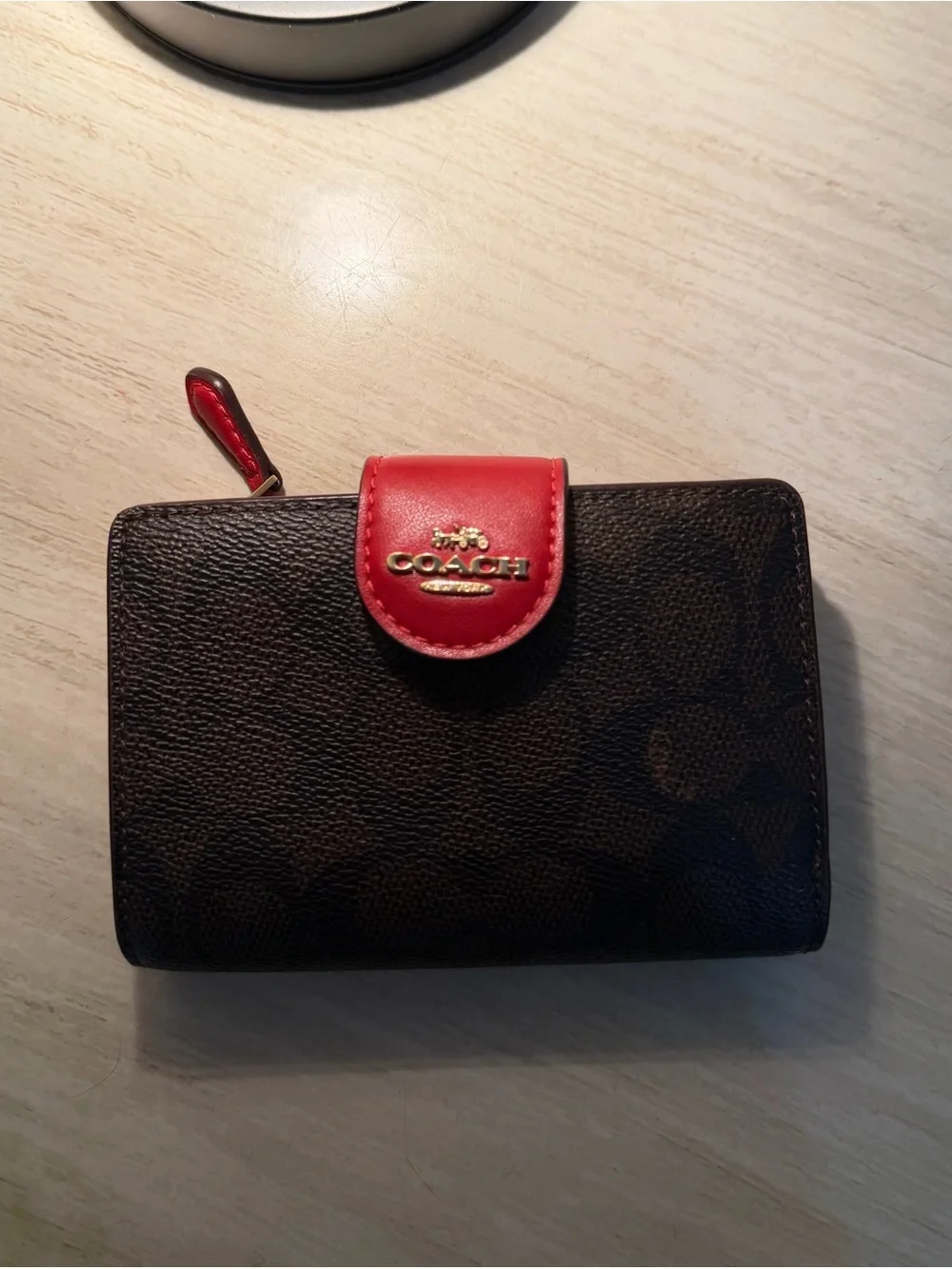 COACH Brown Signature Canvas Wallet with Red Accent